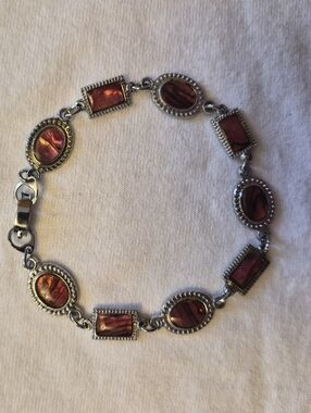 Silver Tone Red Abalone Look Link Bracelet 8”